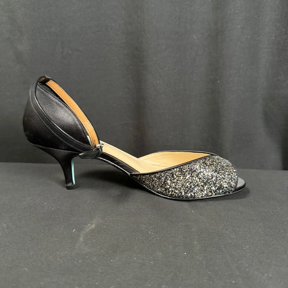 Betsey Johnson SB-RITA Black Glitter Peep Toe Kitten Heels Pumps Womens 8.5M